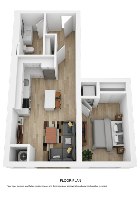 A top-down view of a modern apartment layout.